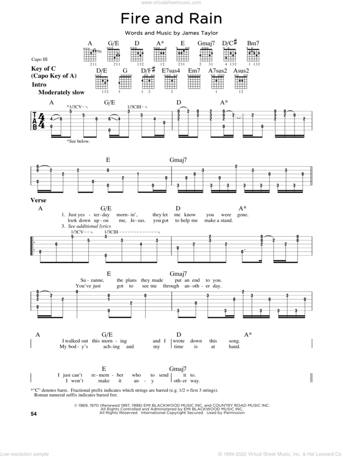 Fire And Rain sheet music for guitar solo (lead sheet) by James Taylor, intermediate guitar (lead sheet)