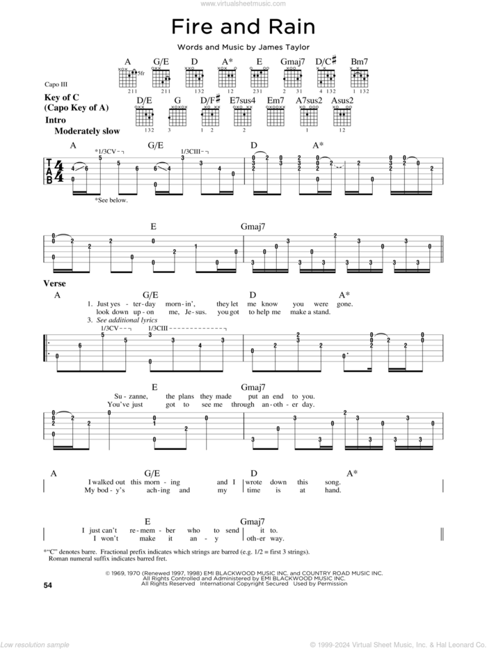 Fire And Rain sheet music for guitar solo (lead sheet) by James Taylor, intermediate guitar (lead sheet)