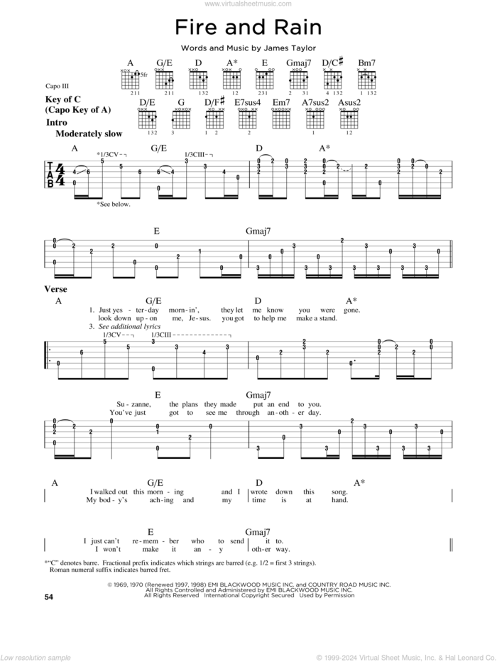 Fire And Rain sheet music for guitar solo (lead sheet) by James Taylor, intermediate guitar (lead sheet)