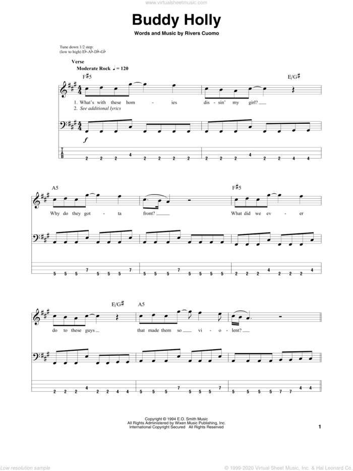 Buddy Holly sheet music for bass (tablature) (bass guitar) by Weezer and Rivers Cuomo, intermediate skill level