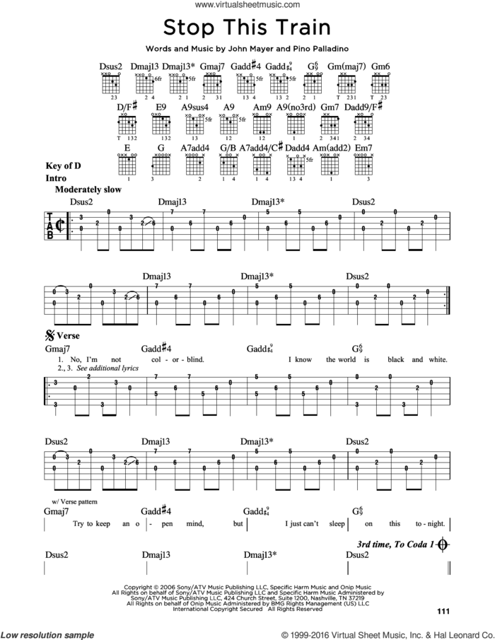 Stop This Train sheet music for guitar solo (lead sheet) by John Mayer and Pino Palladino, intermediate guitar (lead sheet)