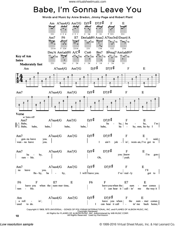 Babe, I'm Gonna Leave You sheet music for guitar solo (lead sheet) by Led Zeppelin, Anne Bredon, Jimmy Page and Robert Plant, intermediate guitar (lead sheet)