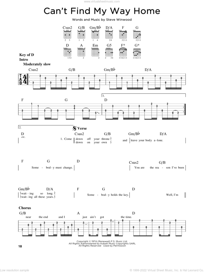 Can't Find My Way Home sheet music for guitar solo (lead sheet) by Steve Winwood, Blind Faith and Eric Clapton, intermediate guitar (lead sheet)