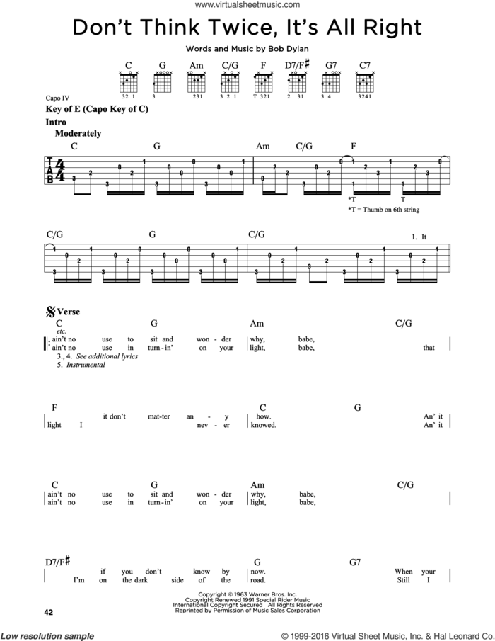 Don't Think Twice, It's All Right sheet music for guitar solo (lead sheet) by Bob Dylan and Peter, Paul & Mary, intermediate guitar (lead sheet)