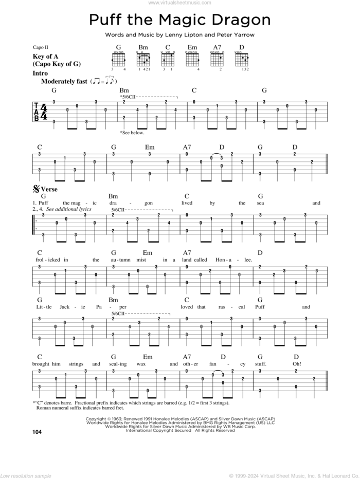 Puff The Magic Dragon sheet music for guitar solo (lead sheet) by Peter, Paul & Mary, Lenny Lipton and Peter Yarrow, intermediate guitar (lead sheet)