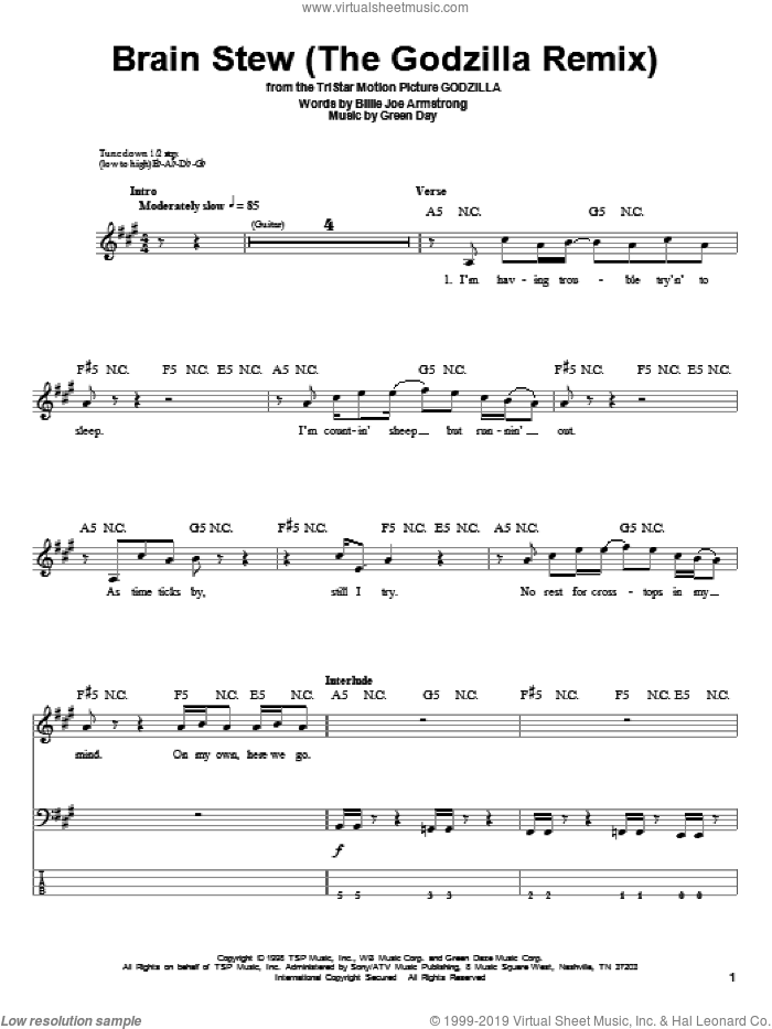 Brain Stew (The Godzilla Remix) sheet music for bass (tablature) (bass guitar) by Green Day and Billie Joe Armstrong, intermediate skill level