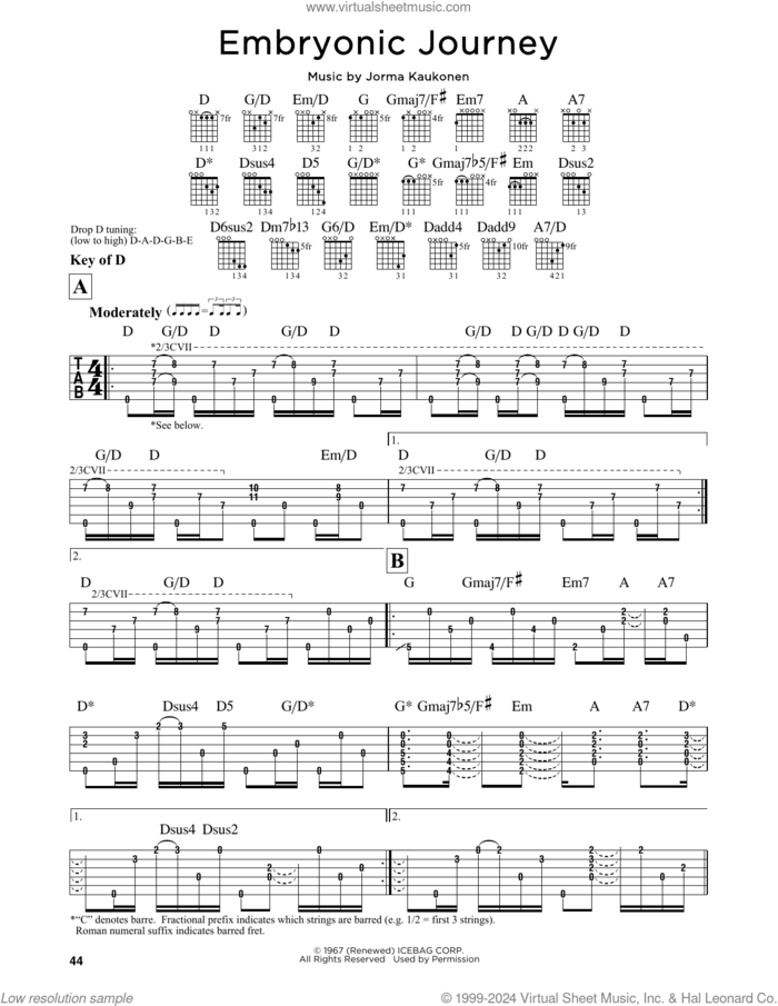 Embryonic Journey sheet music for guitar solo (lead sheet) by Jefferson Airplane and Jorma Kaukonen, intermediate guitar (lead sheet)