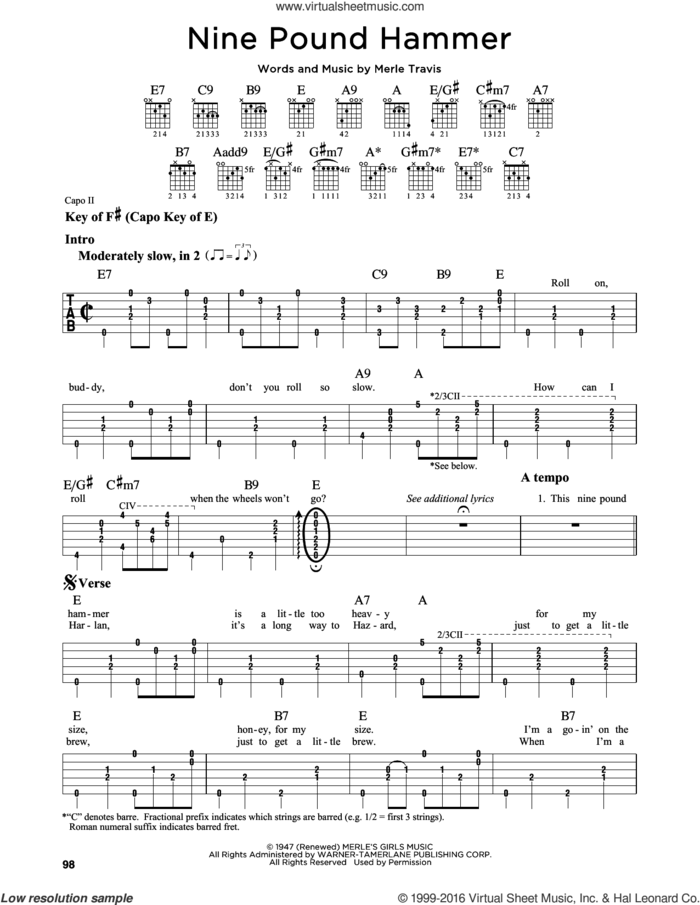 Nine Pound Hammer sheet music for guitar solo (lead sheet) by Merle Travis, intermediate guitar (lead sheet)