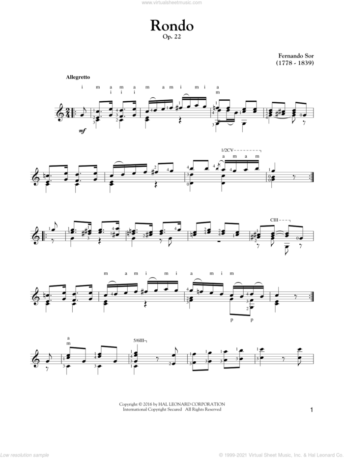 Rondo, Op. 22 sheet music for guitar solo by Fernando Sor, classical score, intermediate skill level