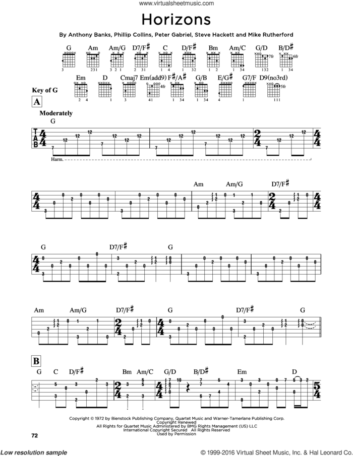 Horizons sheet music for guitar solo (lead sheet) by Genesis, Anthony Banks, Mike Rutherford, Peter Gabriel, phillip collins and Steve Hackett, intermediate guitar (lead sheet)