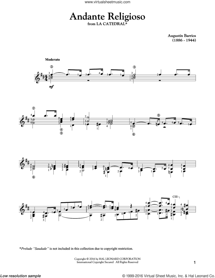 Andante Religioso sheet music for guitar solo by Agustin Barrios, classical score, intermediate skill level