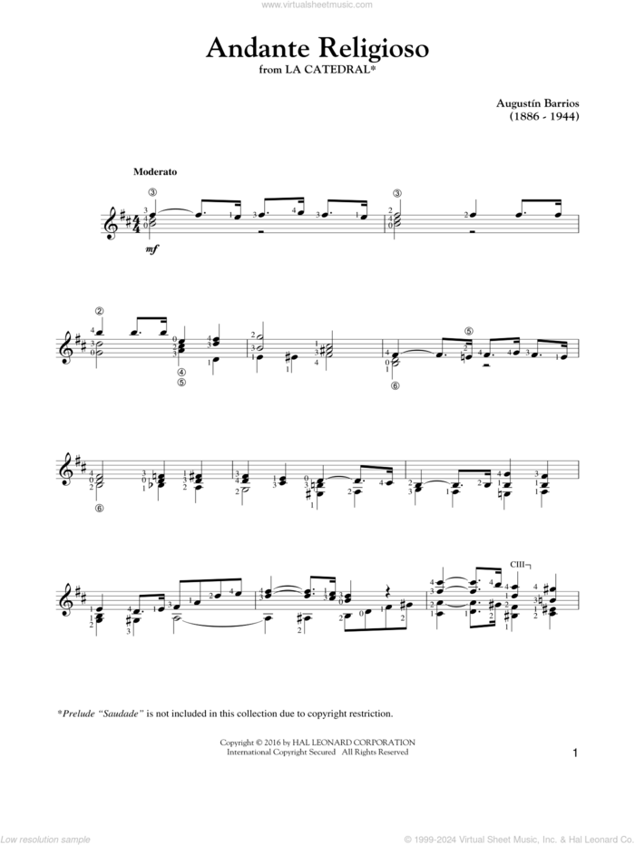 Andante Religioso sheet music for guitar solo by Agustin Barrios, classical score, intermediate skill level