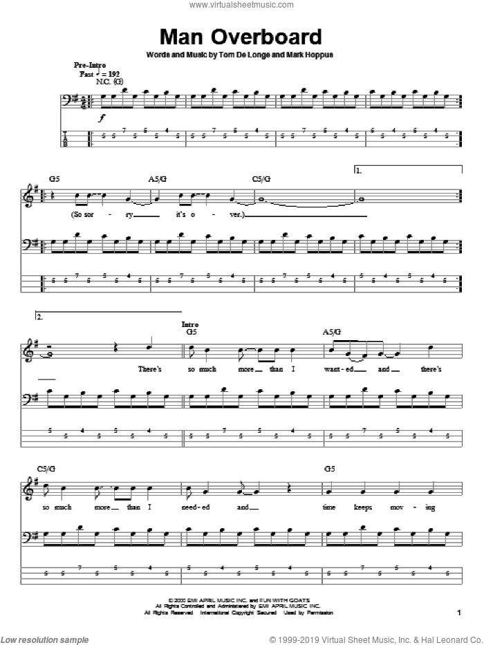 Man Overboard sheet music for bass (tablature) (bass guitar) by Blink-182, Mark Hoppus and Tom DeLonge, intermediate skill level