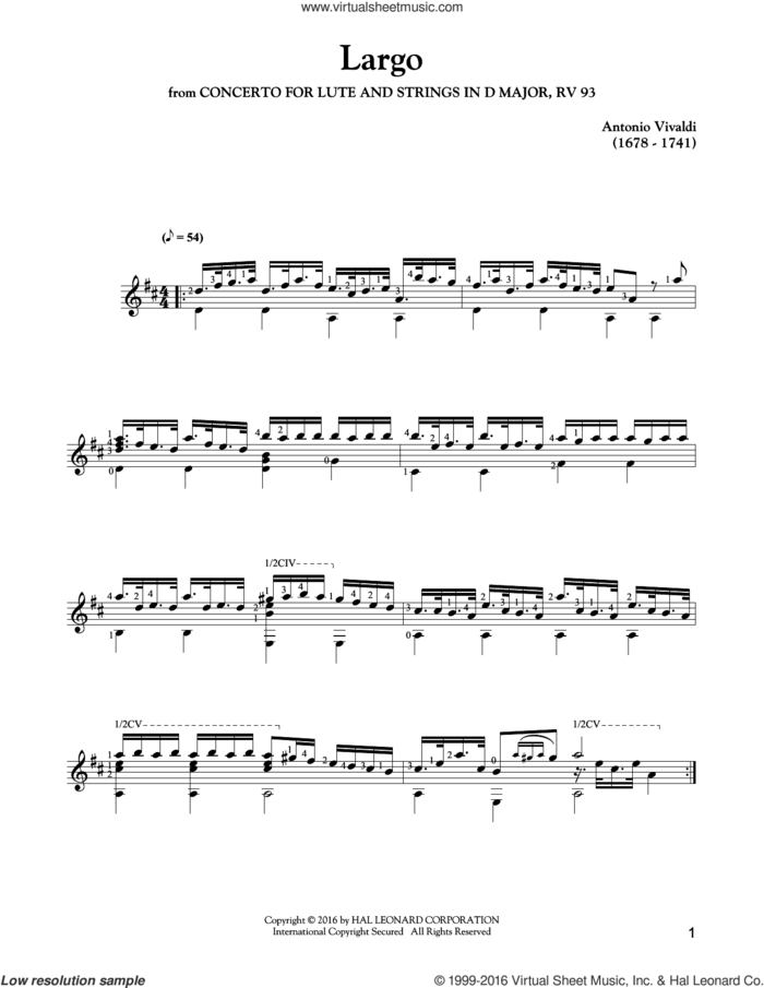 Largo sheet music for guitar solo by Antonio Vivaldi, classical score, intermediate skill level