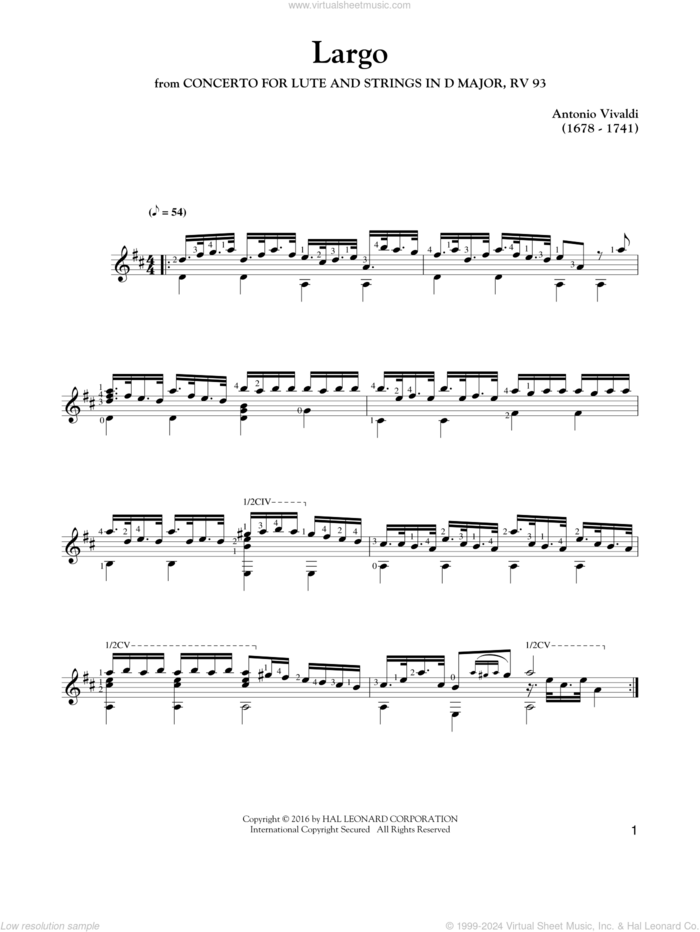 Largo sheet music for guitar solo by Antonio Vivaldi, classical score, intermediate skill level