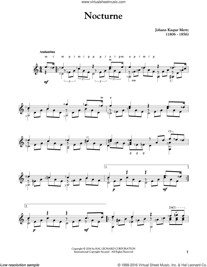 Nocturne sheet music for guitar solo by Johann Kaspar Mertz, classical score, intermediate skill level