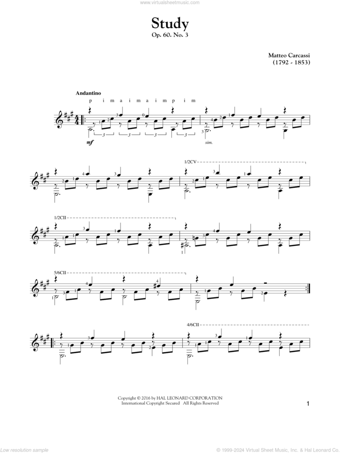 Study, Op. 60, No. 3 sheet music for guitar solo by Matteo Carcassi, classical score, intermediate skill level