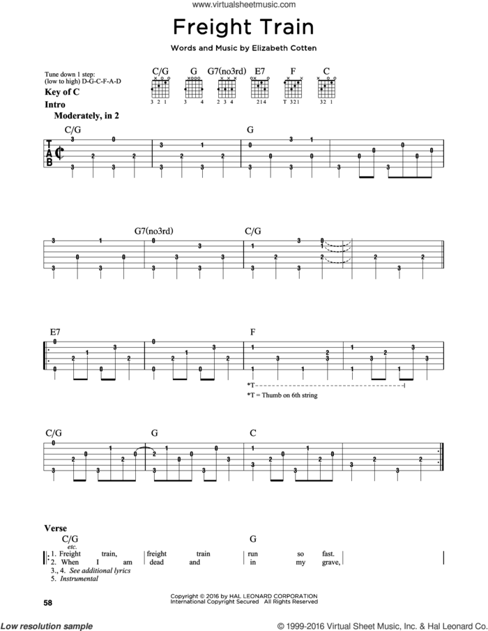 Freight Train sheet music for guitar solo (lead sheet) by Elizabeth Cotten, intermediate guitar (lead sheet)