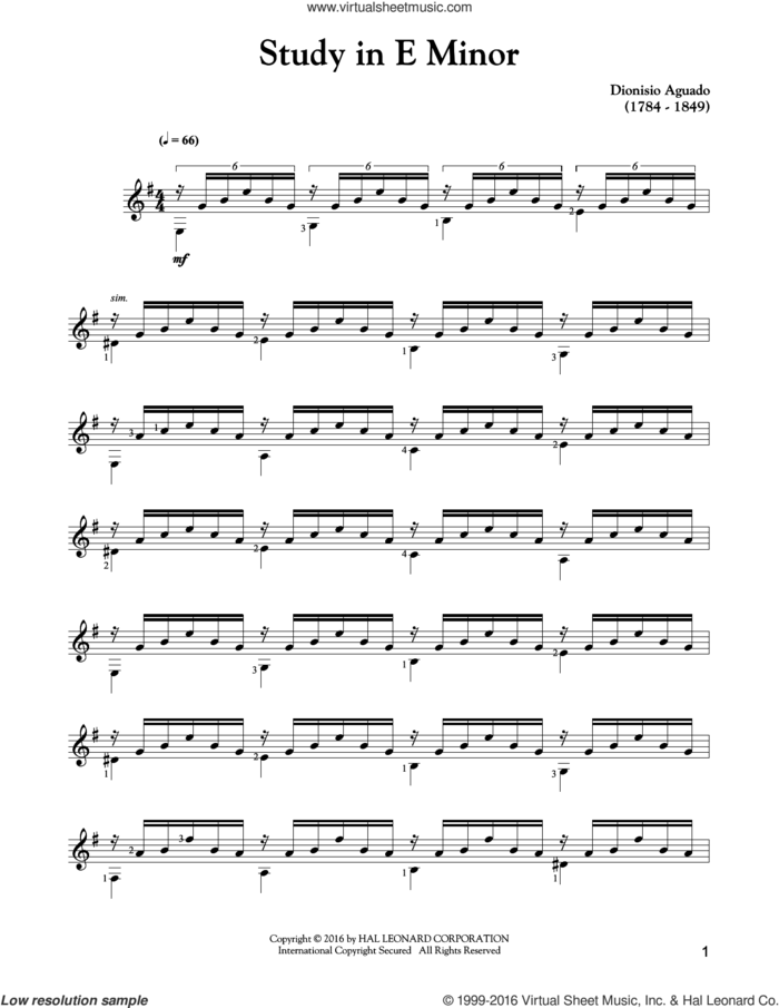 Study In E Minor sheet music for guitar solo by Garcia Dionisio Aguado, classical score, intermediate skill level