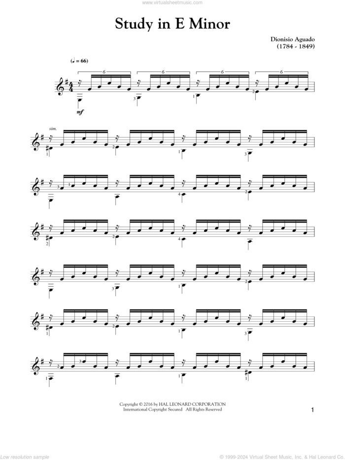 Study In E Minor sheet music for guitar solo by Garcia Dionisio Aguado, classical score, intermediate skill level