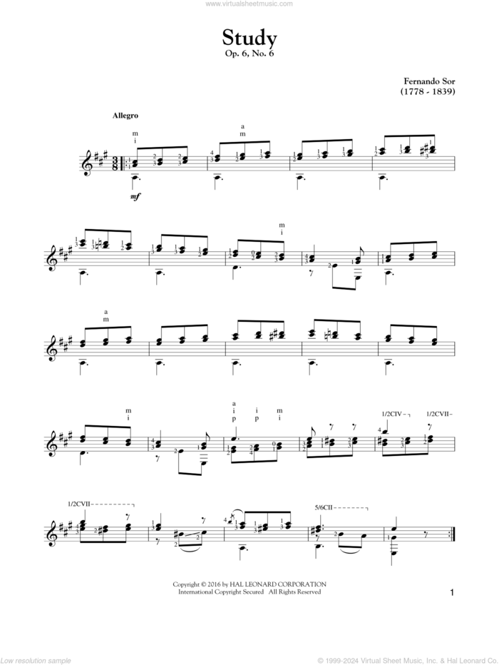 Study Op. 6, No. 6 sheet music for guitar solo by Fernando Sor, classical score, intermediate skill level