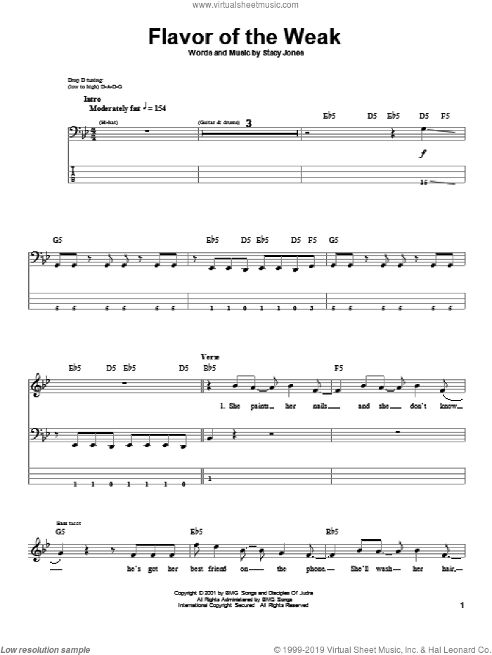 Flavor Of The Weak sheet music for bass (tablature) (bass guitar) by American Hi-Fi and Stacy Jones, intermediate skill level