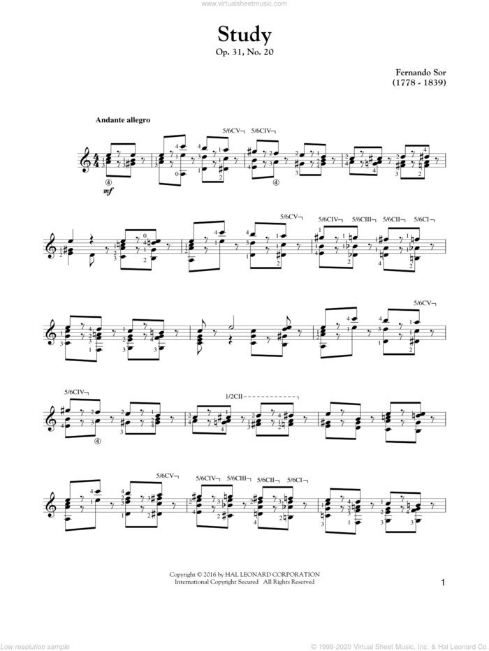 Study Op. 31, No. 20 sheet music for guitar solo by Fernando Sor, classical score, intermediate skill level