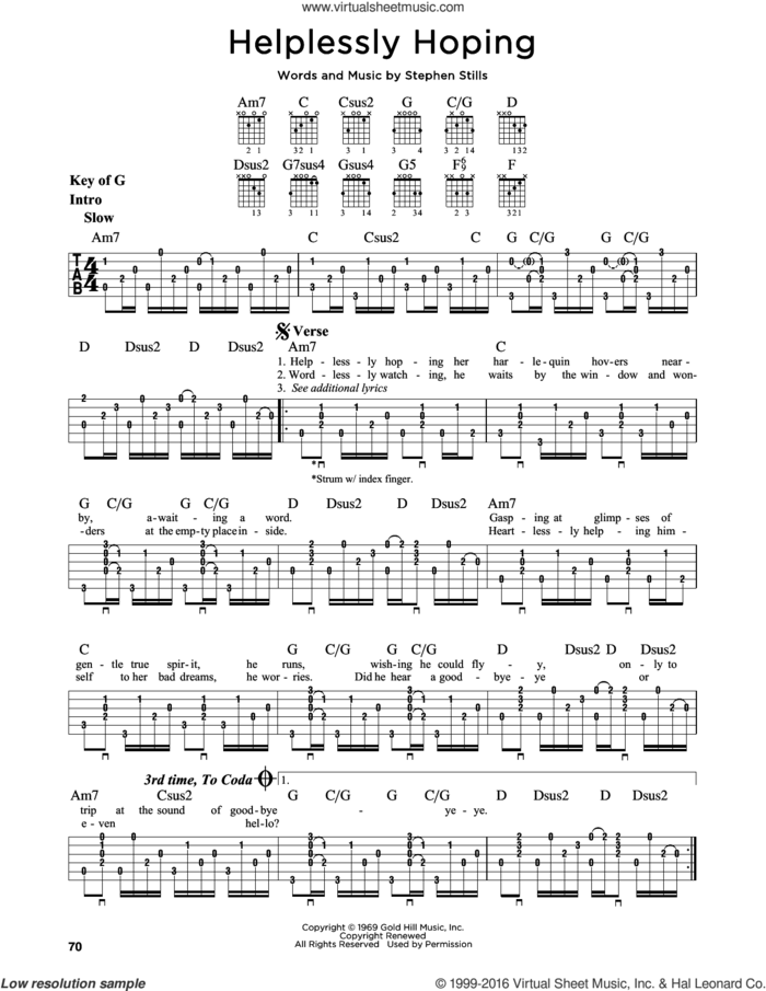 Helplessly Hoping sheet music for guitar solo (lead sheet) by Crosby, Stills and Nash and Stephen Stills, intermediate guitar (lead sheet)