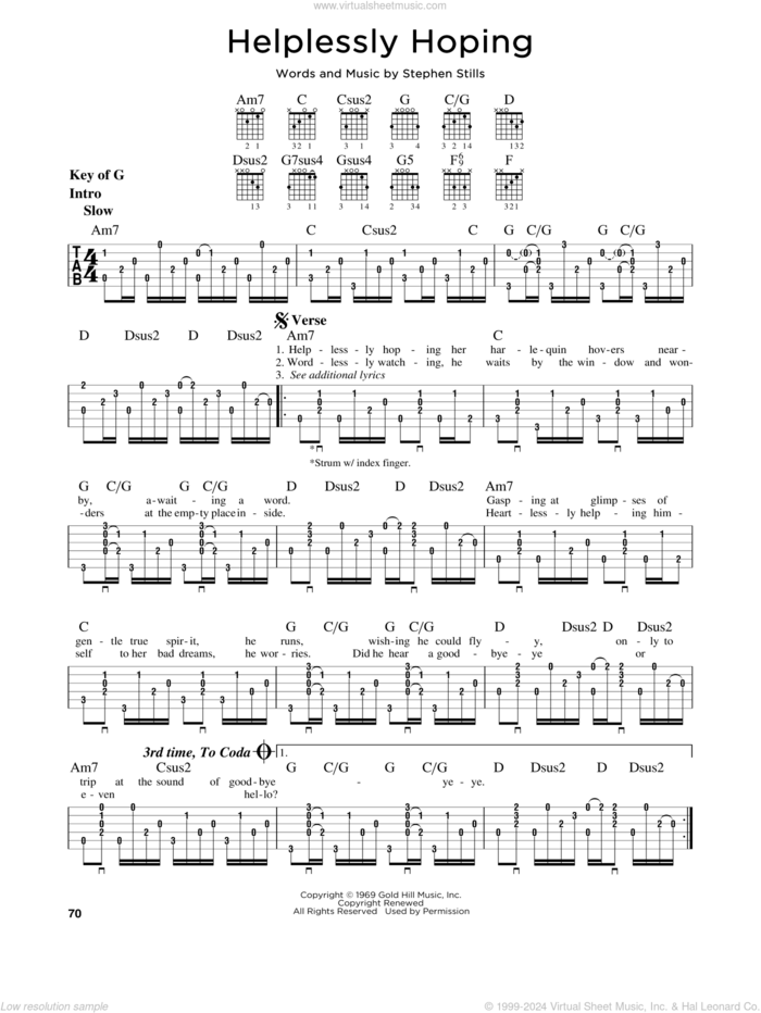 Helplessly Hoping sheet music for guitar solo (lead sheet) by Crosby, Stills and Nash and Stephen Stills, intermediate guitar (lead sheet)