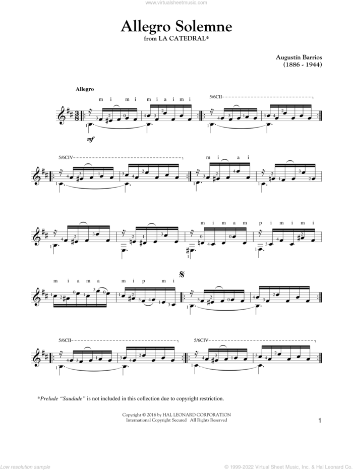 Allegro Solemne sheet music for guitar solo by Agustin Barrios, classical score, intermediate skill level