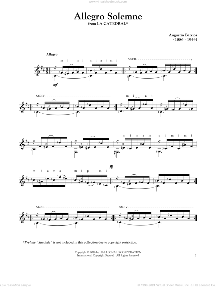 Allegro Solemne sheet music for guitar solo by Agustin Barrios, classical score, intermediate skill level