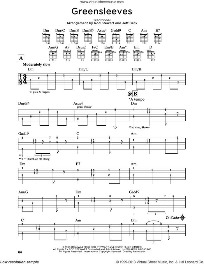 Greensleeves sheet music for guitar solo (lead sheet) by Rod Stewart and Jeff Beck Group and Jeff Beck, intermediate guitar (lead sheet)