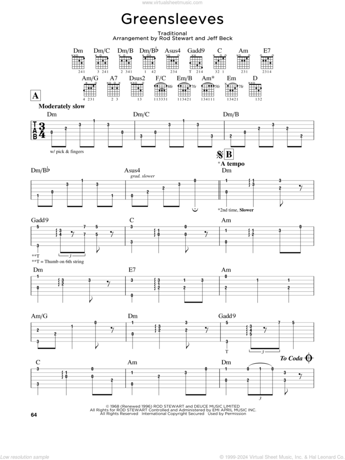 Greensleeves sheet music for guitar solo (lead sheet) by Rod Stewart and Jeff Beck Group and Jeff Beck, intermediate guitar (lead sheet)