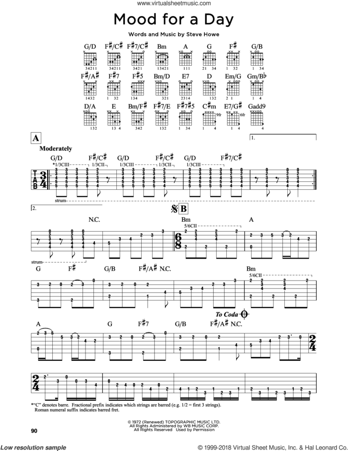Mood For A Day sheet music for guitar solo (lead sheet) by Yes and Steve Howe, intermediate guitar (lead sheet)