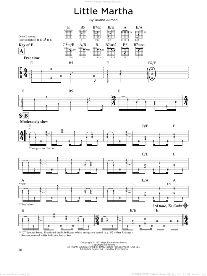 Little Martha sheet music for guitar solo (lead sheet) by Duane Allman, intermediate guitar (lead sheet)