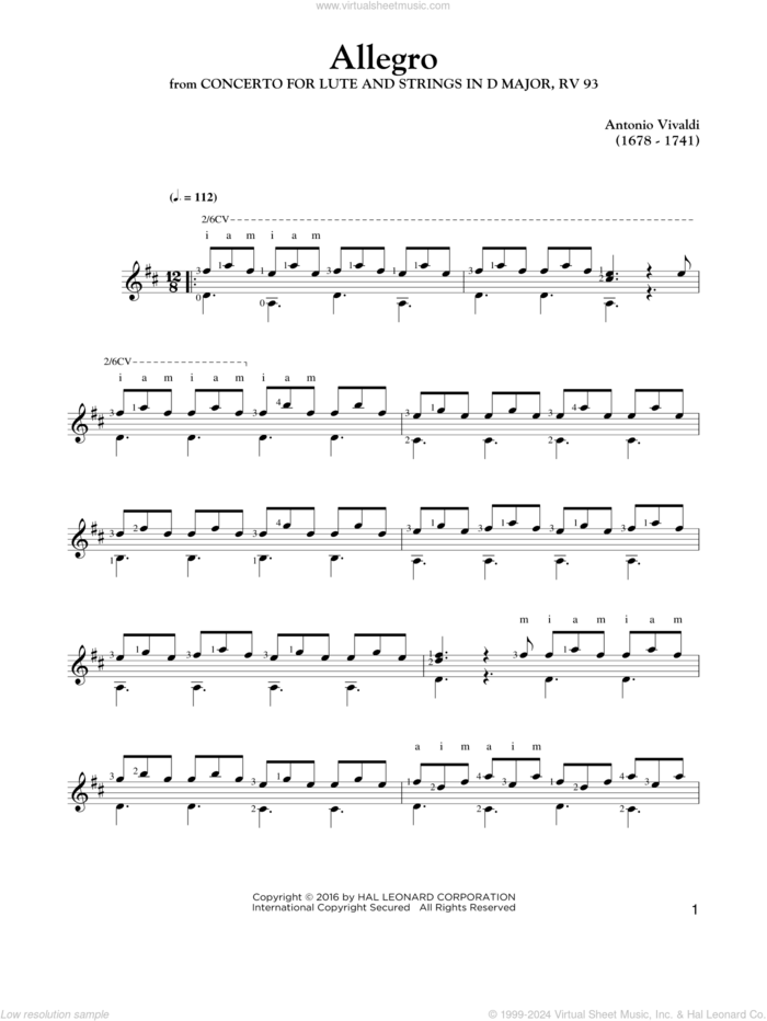 Allegro sheet music for guitar solo by Antonio Vivaldi, classical score, intermediate skill level