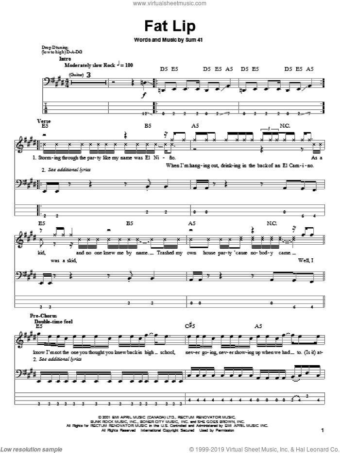 Fat Lip sheet music for bass (tablature) (bass guitar) by Sum 41, intermediate skill level