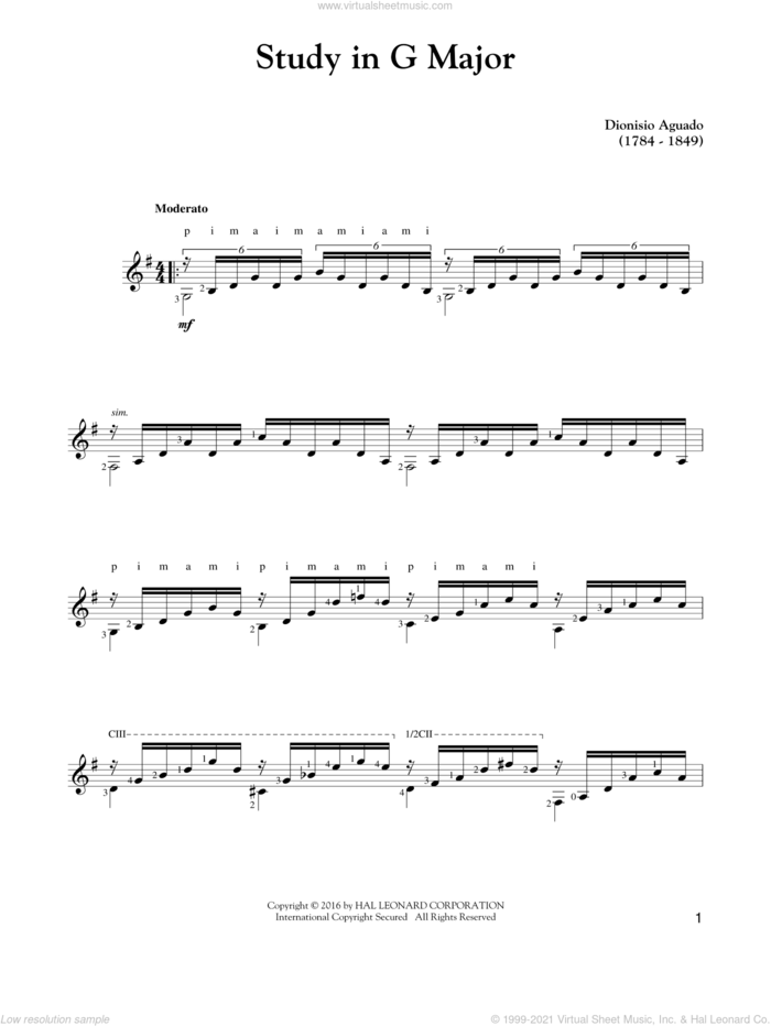Study In G Major sheet music for guitar solo by Garcia Dionisio Aguado, classical score, intermediate skill level