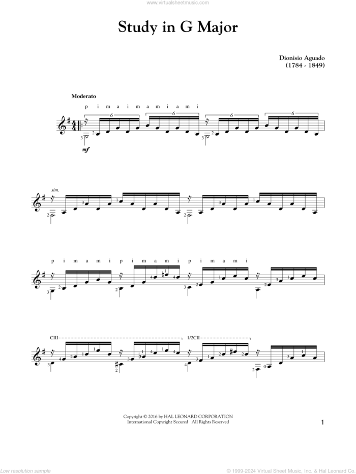 Study In G Major sheet music for guitar solo by Garcia Dionisio Aguado, classical score, intermediate skill level