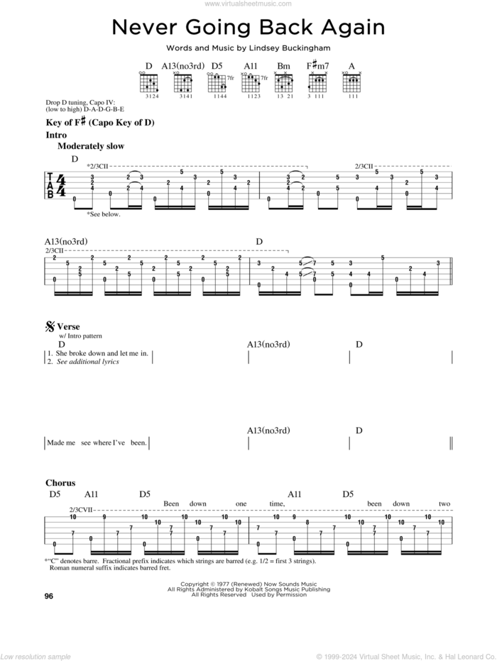 Never Going Back Again sheet music for guitar solo (lead sheet) by Fleetwood Mac and Lindsey Buckingham, intermediate guitar (lead sheet)