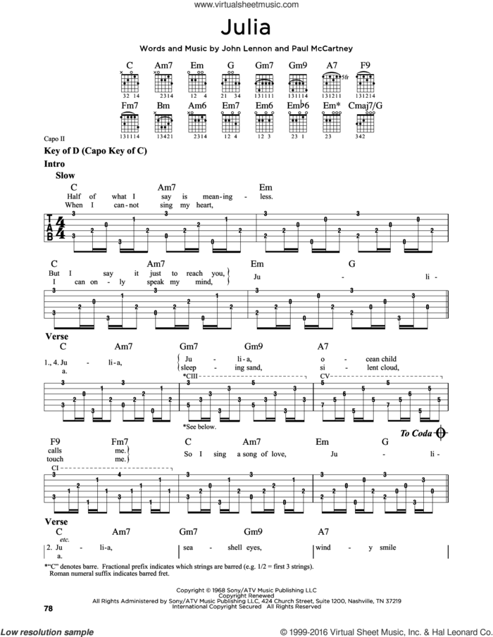 Julia sheet music for guitar solo (lead sheet) by The Beatles, John Lennon and Paul McCartney, classical score, intermediate guitar (lead sheet)