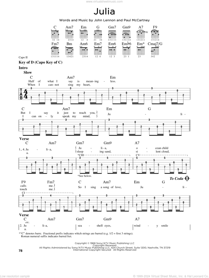 Julia sheet music for guitar solo (lead sheet) by The Beatles, John Lennon and Paul McCartney, classical score, intermediate guitar (lead sheet)