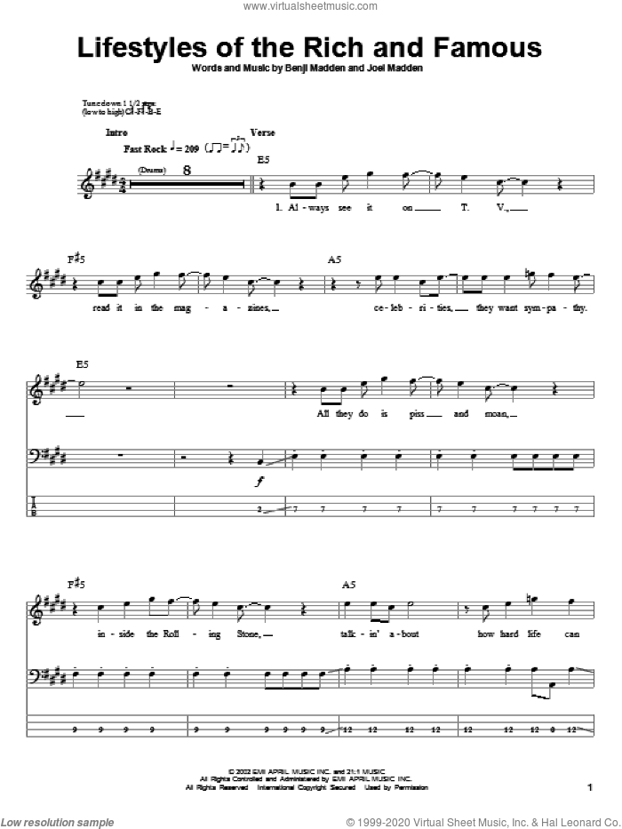 Lifestyles Of The Rich And Famous sheet music for bass (tablature) (bass guitar) by Good Charlotte, Benji Madden and Joel Madden, intermediate skill level