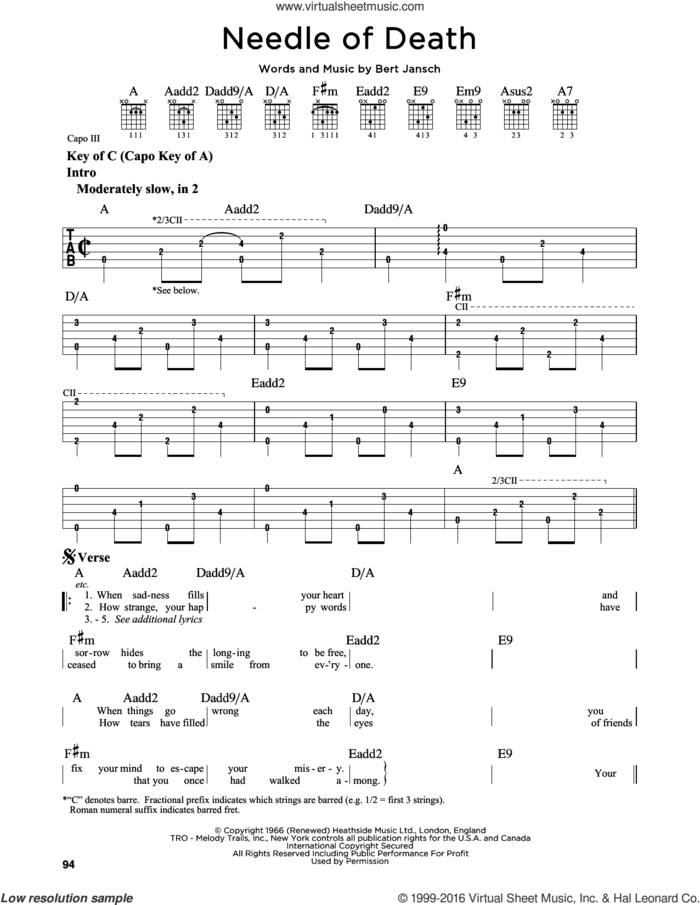 Needle Of Death sheet music for guitar solo (lead sheet) by Bert Jansch, intermediate guitar (lead sheet)