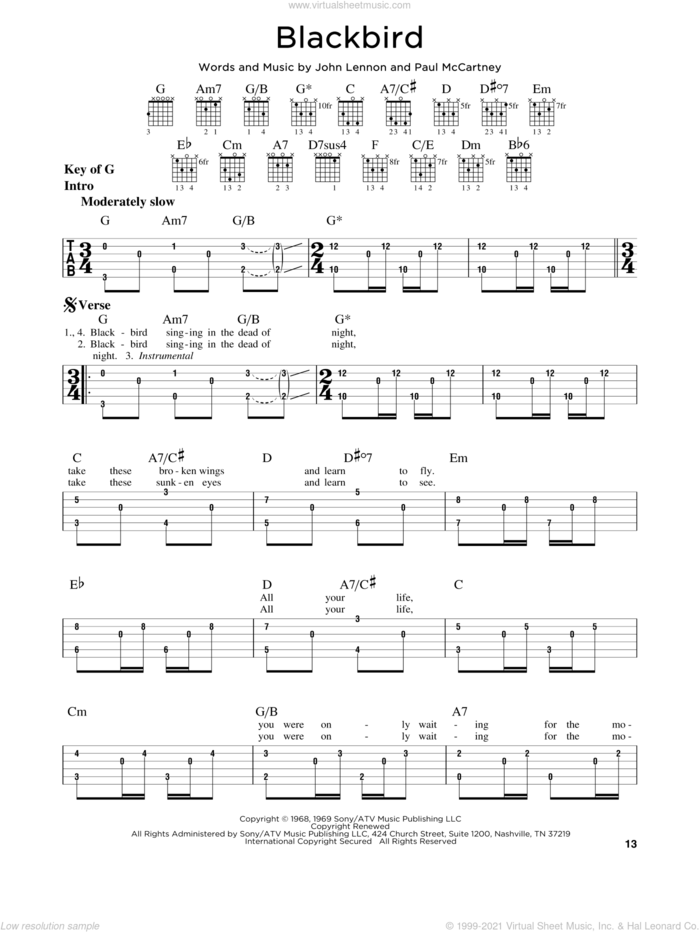 Blackbird sheet music for guitar solo (lead sheet) by The Beatles, Wings, John Lennon and Paul McCartney, intermediate guitar (lead sheet)