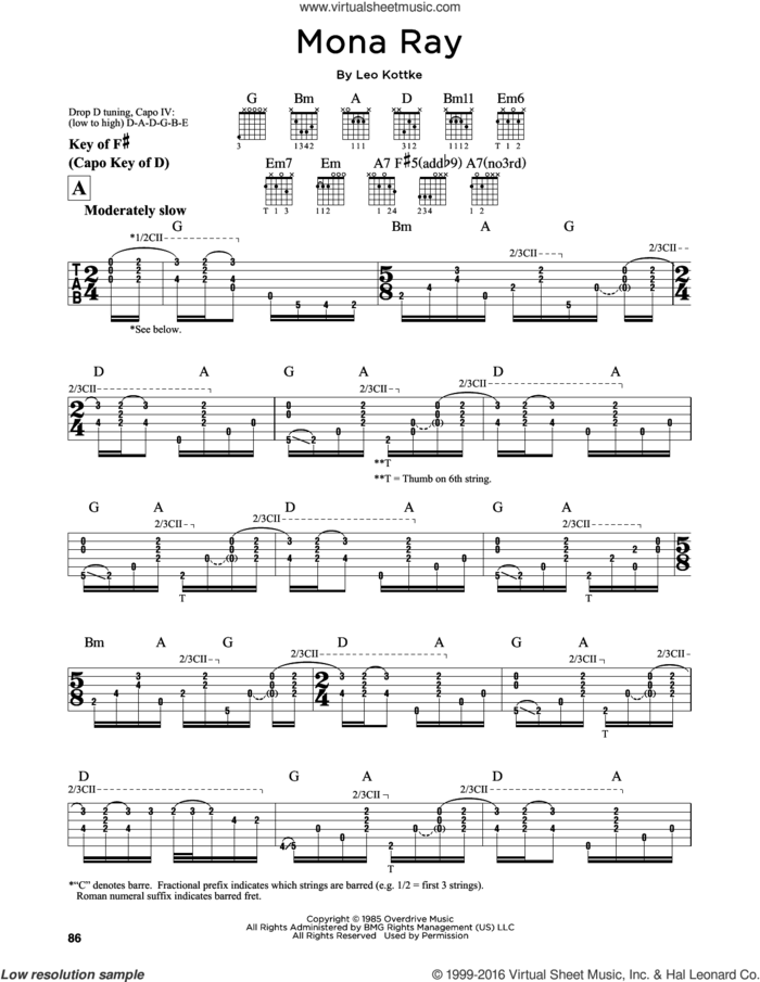 Mona Ray sheet music for guitar solo (lead sheet) by Leo Kottke, intermediate guitar (lead sheet)
