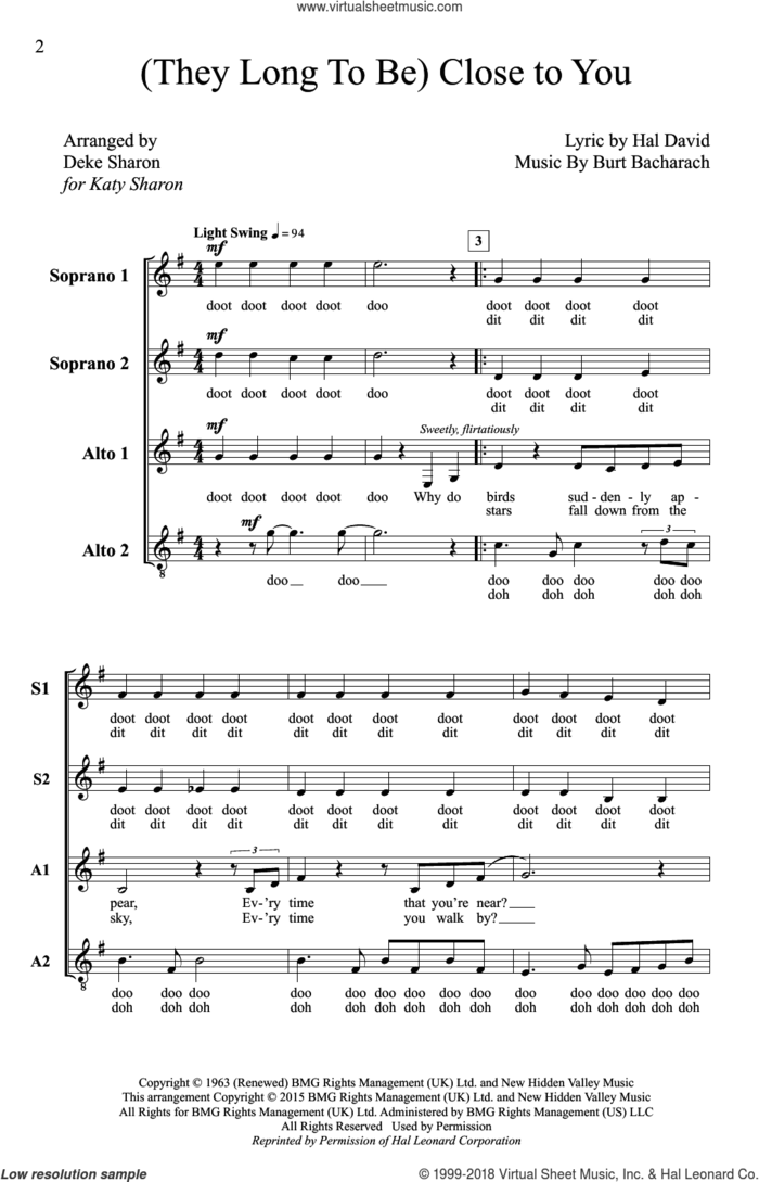 (They Long To Be) Close To You (arr. Deke Sharon) sheet music for choir (SSA: soprano, alto) by Burt Bacharach, Deke Sharon, Anne Raugh, Carpenters and Hal David, intermediate skill level