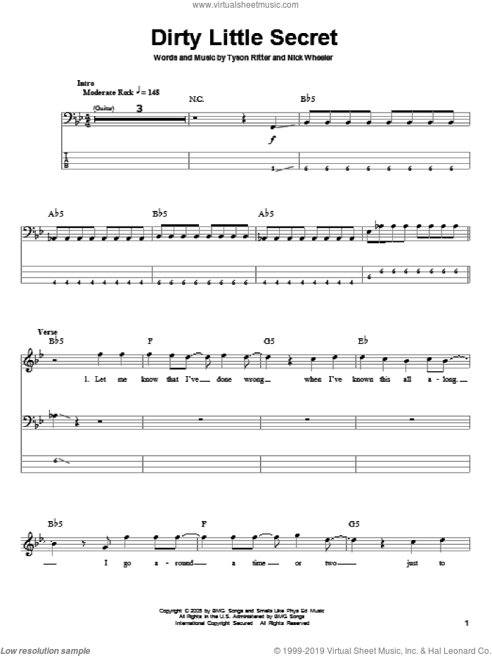 Dirty Little Secret sheet music for bass (tablature) (bass guitar) by The All-American Rejects, Nick Wheeler and Tyson Ritter, intermediate skill level