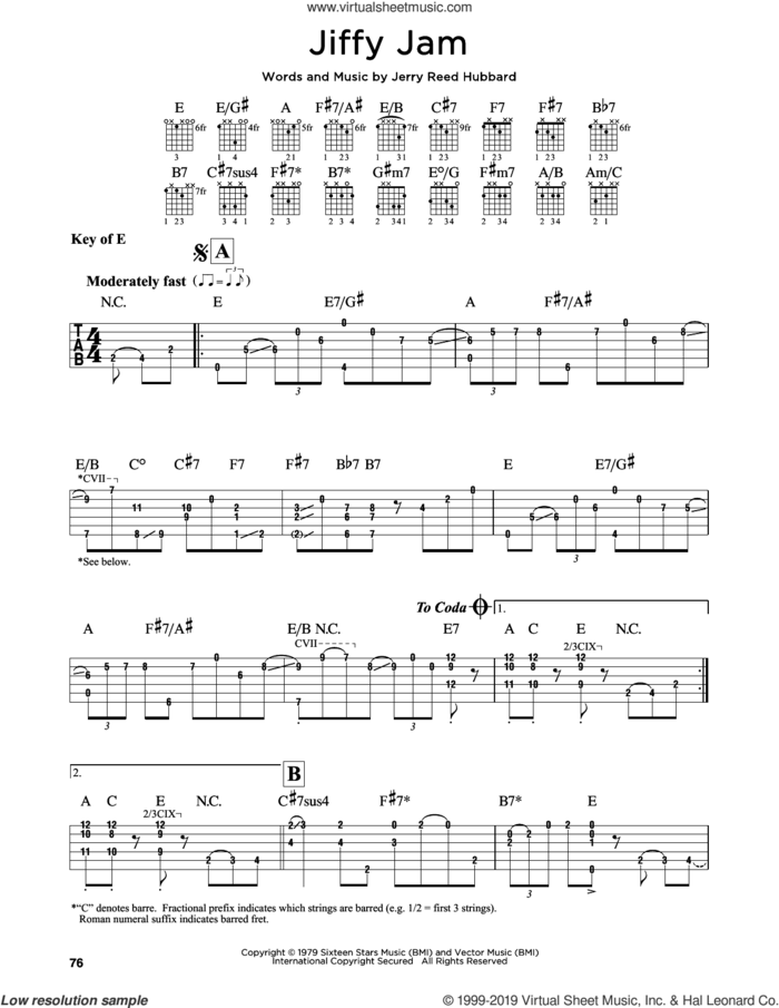 Jiffy Jam sheet music for guitar solo (lead sheet) by Jerry Reed and Jerry Hubbard, intermediate guitar (lead sheet)
