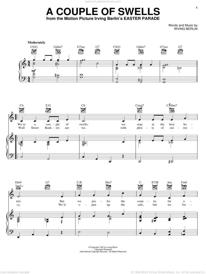 A Couple Of Swells sheet music for voice, piano or guitar by Irving Berlin, intermediate skill level